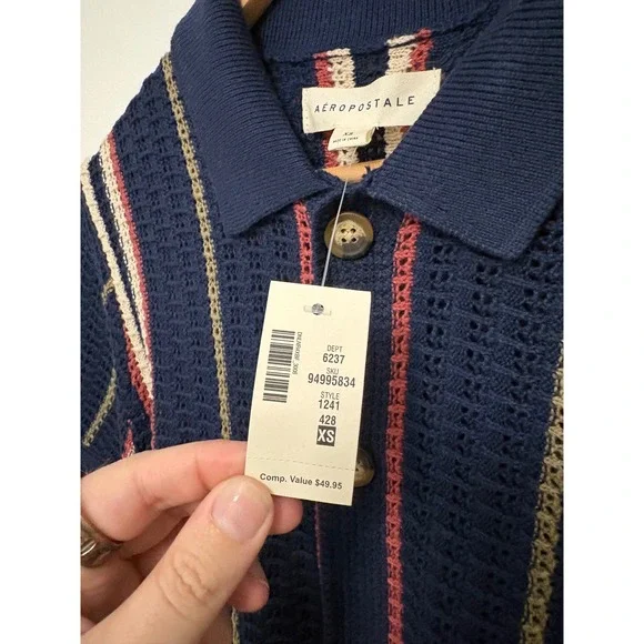 NWT Men's Aeropostale Striped Open-Knit Sweater Shirt – Hazy Indigo – XS - Picture 4 of 5